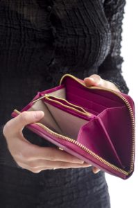 woman has empty wallet with no money to pay cash bonds